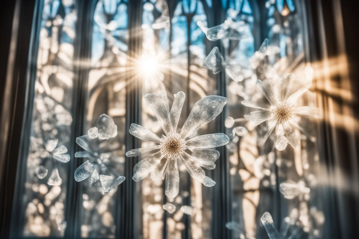 double exposure, sagrada familia barcelona, ice flowers on a window in sunshine, backlit, ethereal, cinematic postprocessing, bokeh, dof