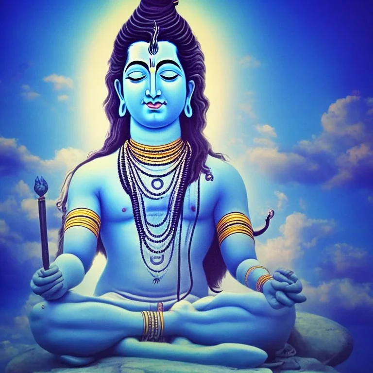 lord shiva meditating in the air, ultra realistic photo, blue colour, high key lighting, volumetric light high details psychedelic background