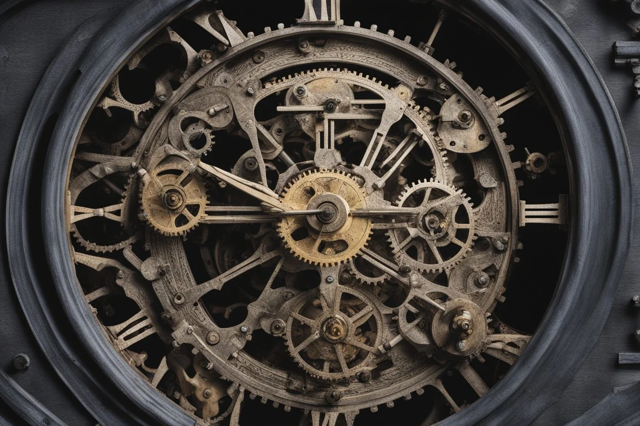 Looking down into a complicated large, old-fashioned, engraved, clock mechanism with hands