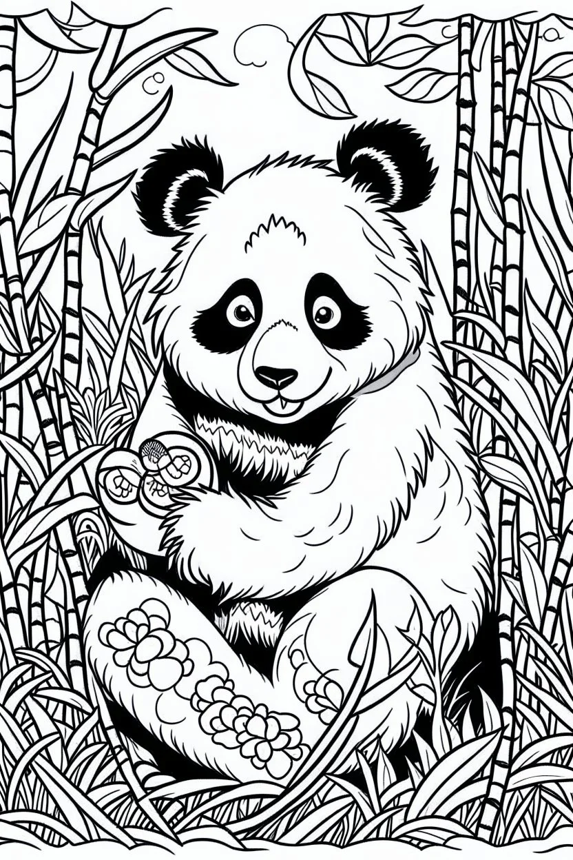 DRAW TO COLORING OF A PANDA WITH A BAMBOO BACKGROUND, CARTOON STYLE, LOW DETAILS, THICK LINES, NO SHADING, NO COLOR