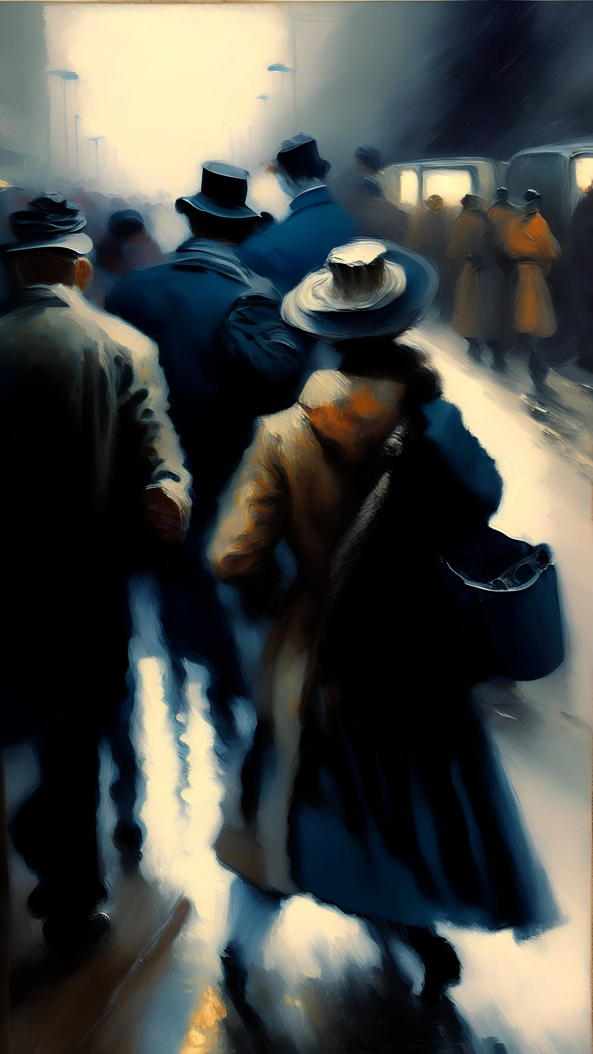 impressionism-style painting of tow people getting separated from each other