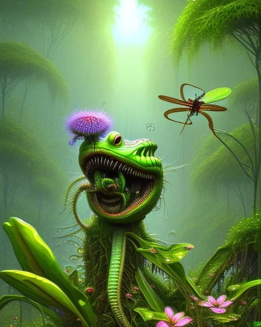 large venus fly trap with teeth eating a dragonfly, flowers, jungle, hyperrealistic, trees in background, digital art, alien like, disgusting, intricate, morbid, rainy, sinister, volumetric lighting, unreal engine, high resolution, 8k,