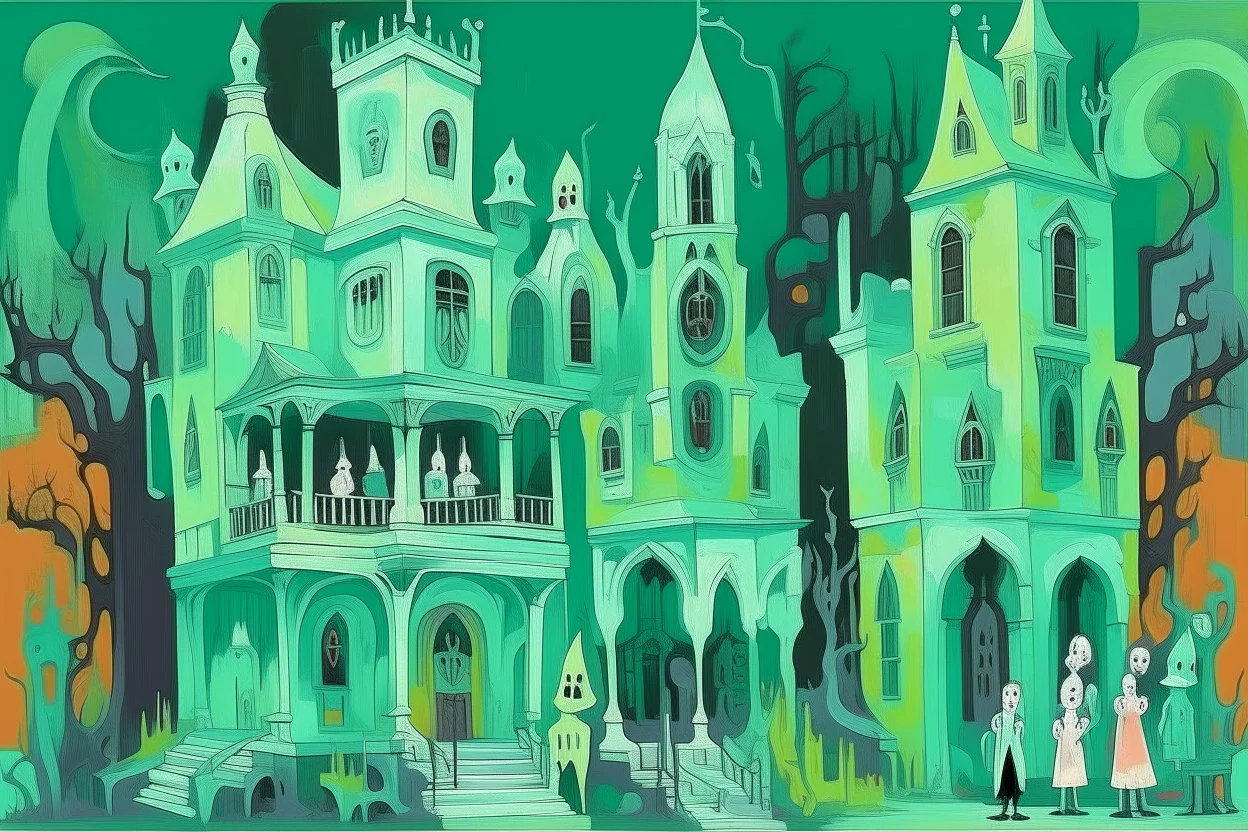 A mint colored haunted mansion with ghosts painted by Wassily Kandinsky