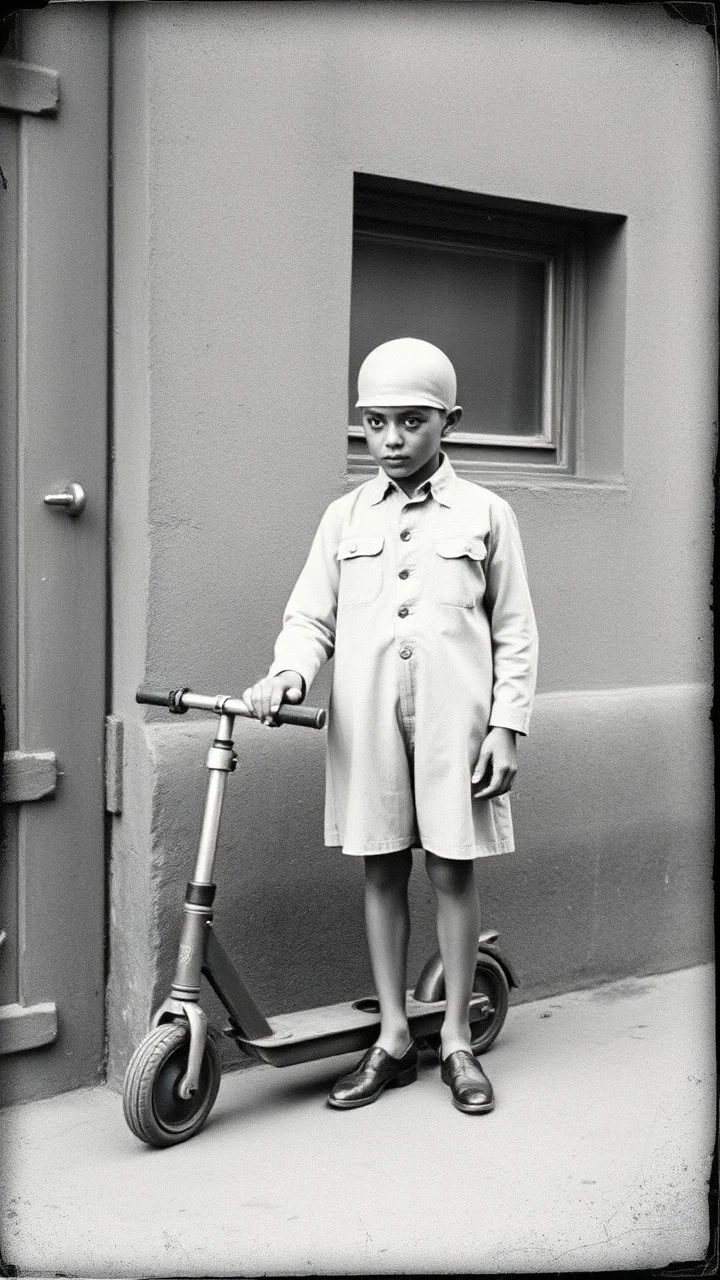 An old picture style of black and white mono very bad quality looks very old camera picture with cracks a 10!years old boy with a scooter standing aside with an Alien dressed like a man , year 1900