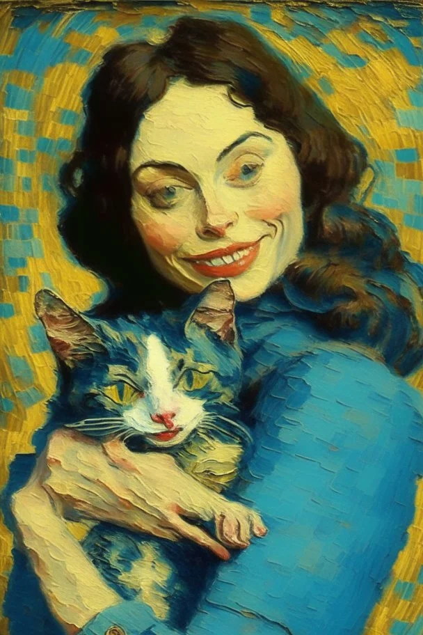 playful brunette woman holding cat by van gogh