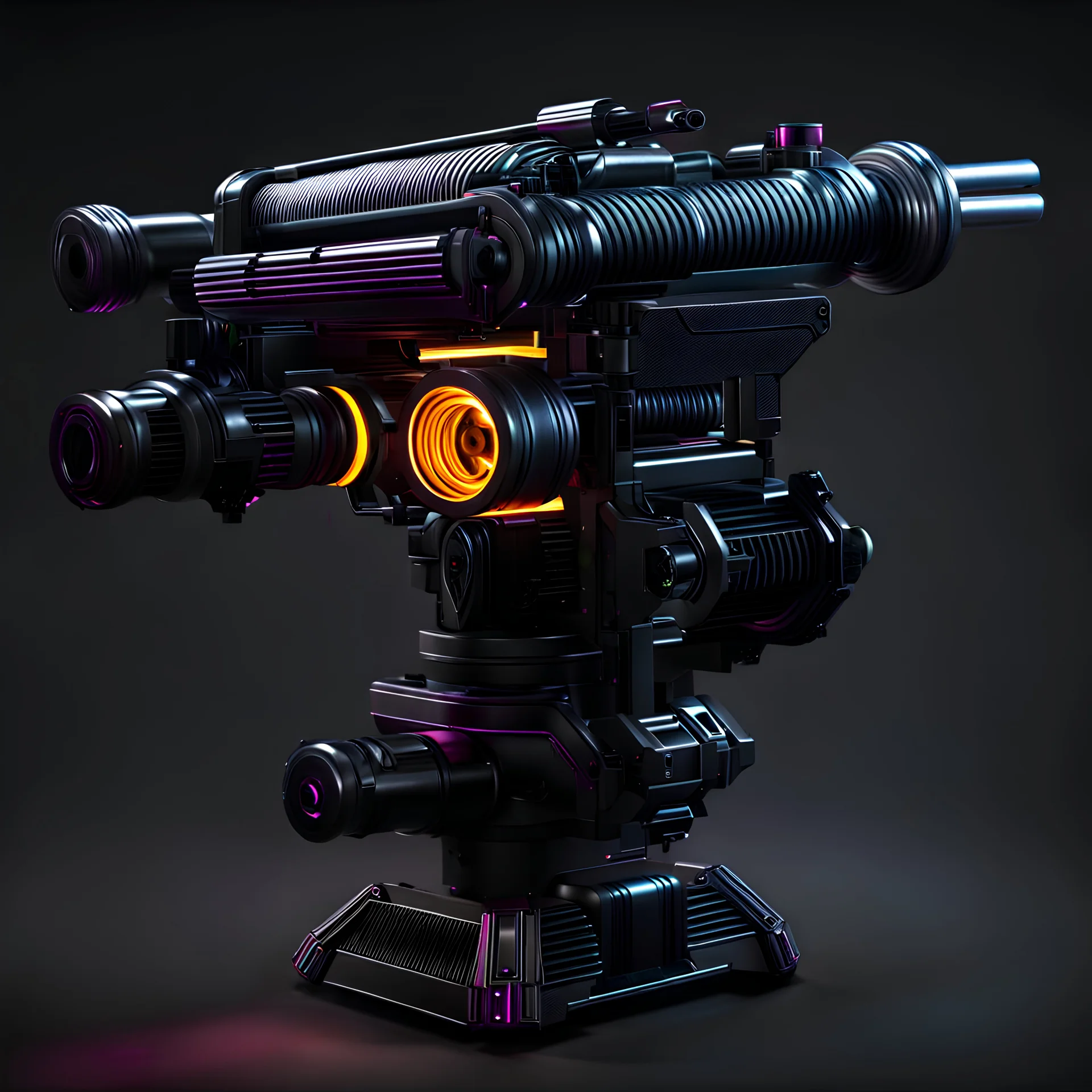 cyberpunk whirring minigun, black background