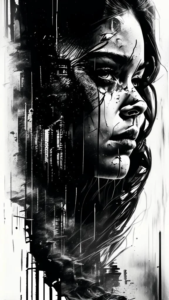 double exposure collage portrait of the craying woman, face of sadness, character design, shadows, building, noise, smog, surreal style, high detail, realistic photo, black pen and ink, intricate detailed black and silver line art, thick black ink on wet paper, dramatic mood, graffiti art, splash art, dark oil gouache melting, gloomy