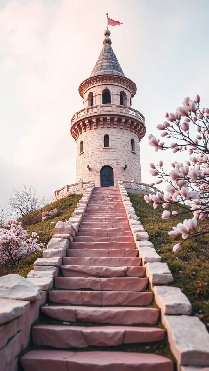 foreground path of a stair to the top of beautiful tower on the hill pink glossy stone pastel, pink stones shades, magnolia branches, blurred background, fantasy world in pastel in light pink tones, beautiful clouds and minimalism fog