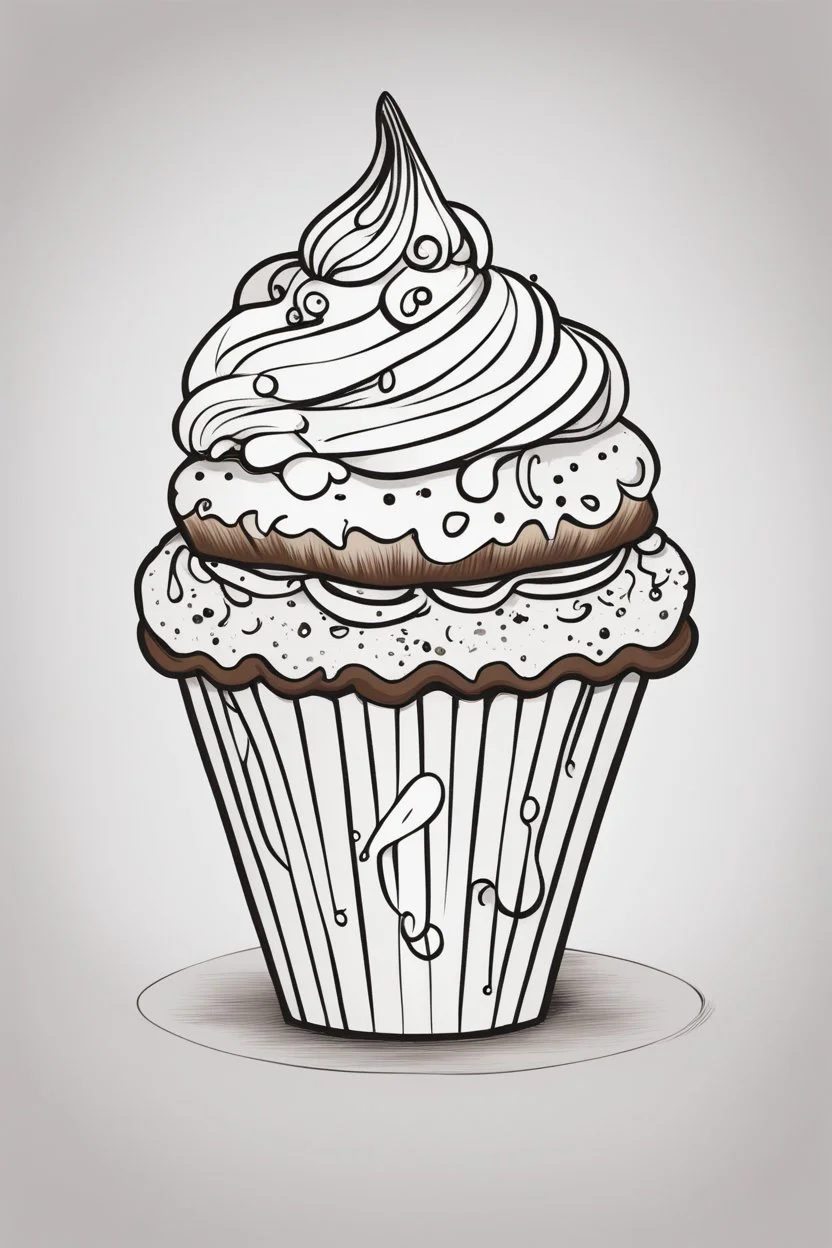 create a outlined coloring page of a smiling cup cake. Pay attention to the details of the faces and White background, sketch style, half of body, use outline, Mandala style, clean line art, no shadows, no coloring, no shading, no grey.