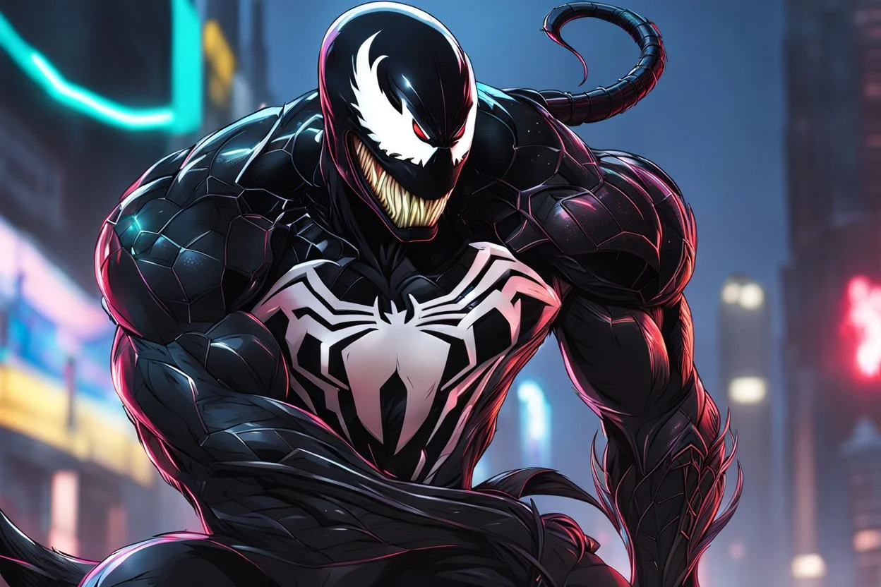 Venom 8k anime sci-art drawing style, wearing a suit, neon effect, close picture, snow, apocalypse, intricate details, highly detailed, high details, detailed portrait, masterpiece,ultra detailed, ultra quality