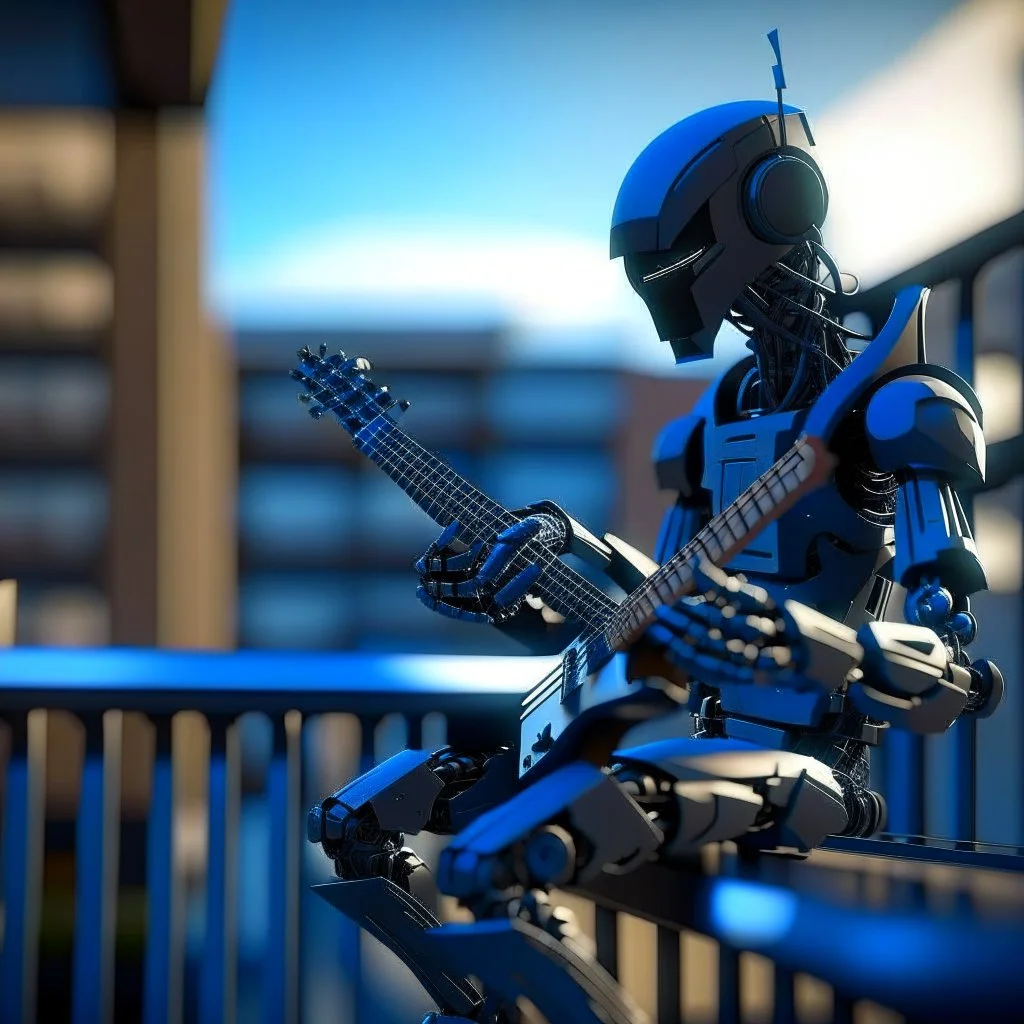 ninja robot playing guitar on balcony, 8k, down-light, soft light, depth of field, photo realism, trending on art station, high detail