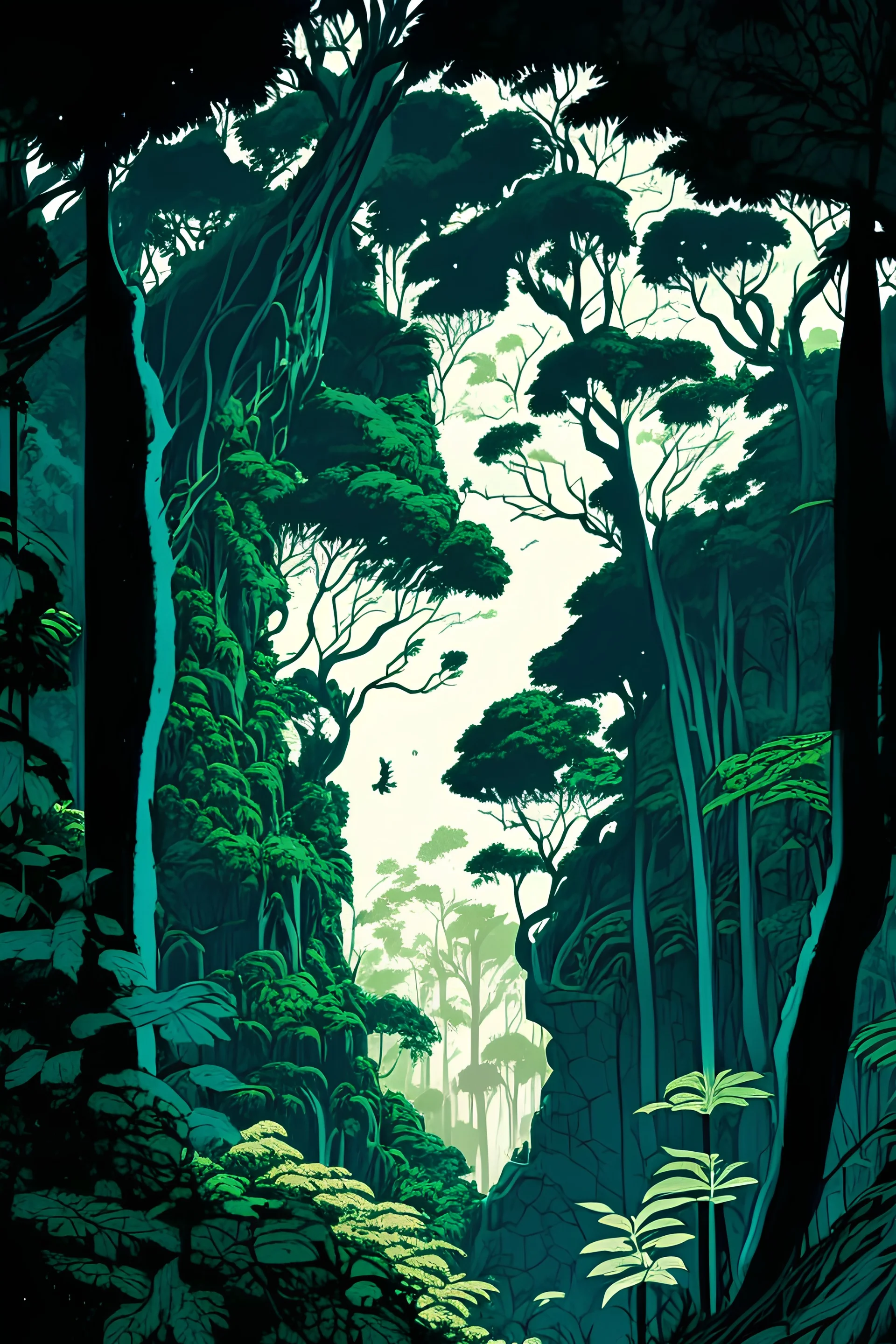 a forest entire with sky views among green trees and climber plant fantasy world less contrast art drawing