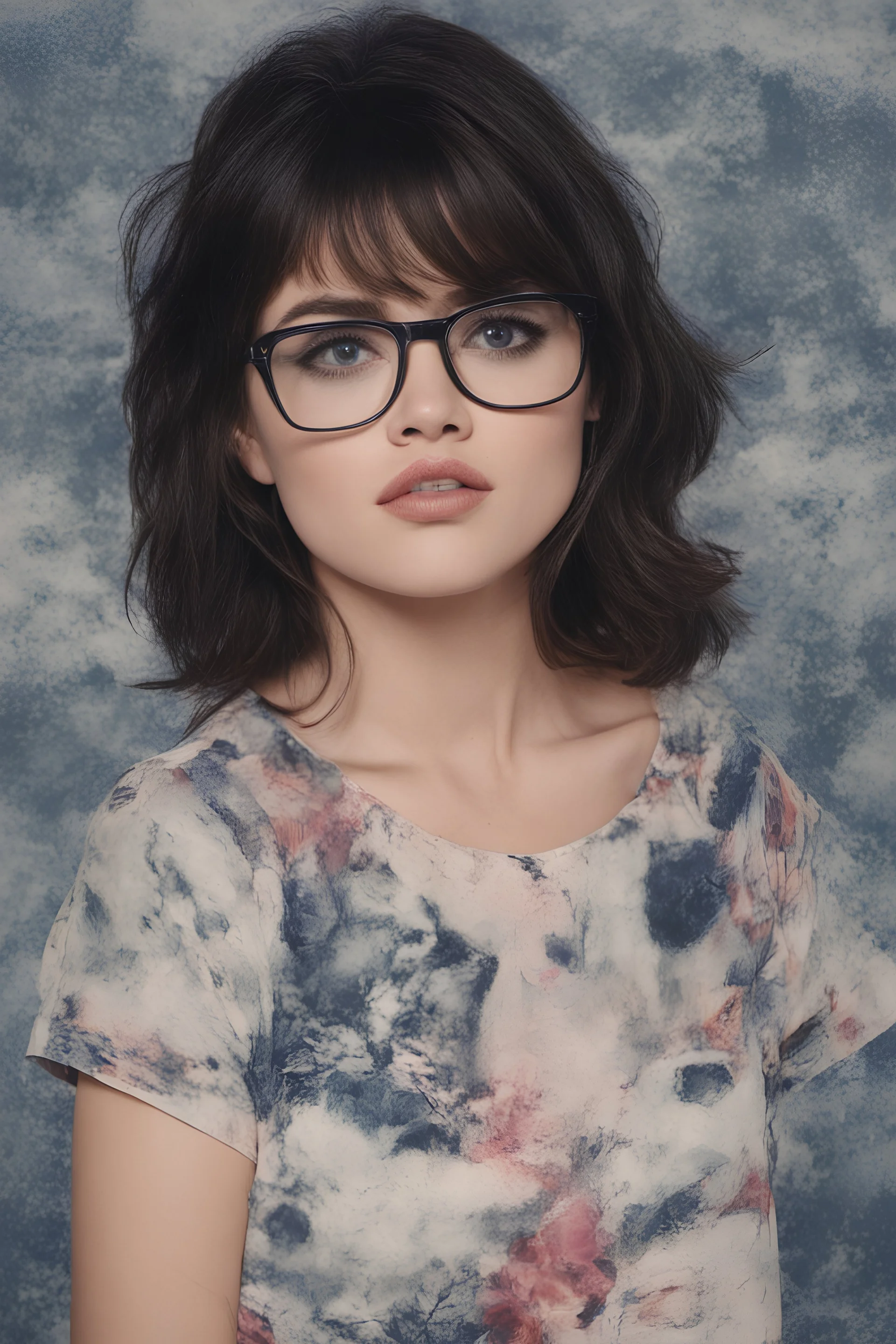 1980's yearbook photo, Lucy Hale, 1980's clothing and hair styles, 4k UHD, photorealistic, ((big, full, plump, pouty lips:1.5)) black hair, big cat-eye eyeglasses, dark blue foggy gradated marble wall background