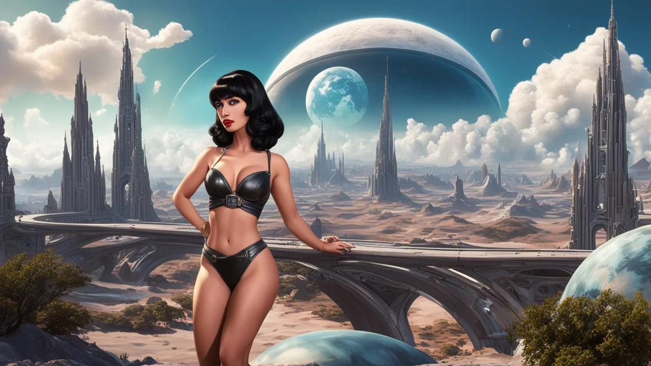 Photorealistic, full Body Photo Of An Exotic Sci-Fi Pin-Up Girl, With dark Hair with Bangs, on an alien Planet With Cloud Trees, Tall Spires, Buildings, Bridges, Arches