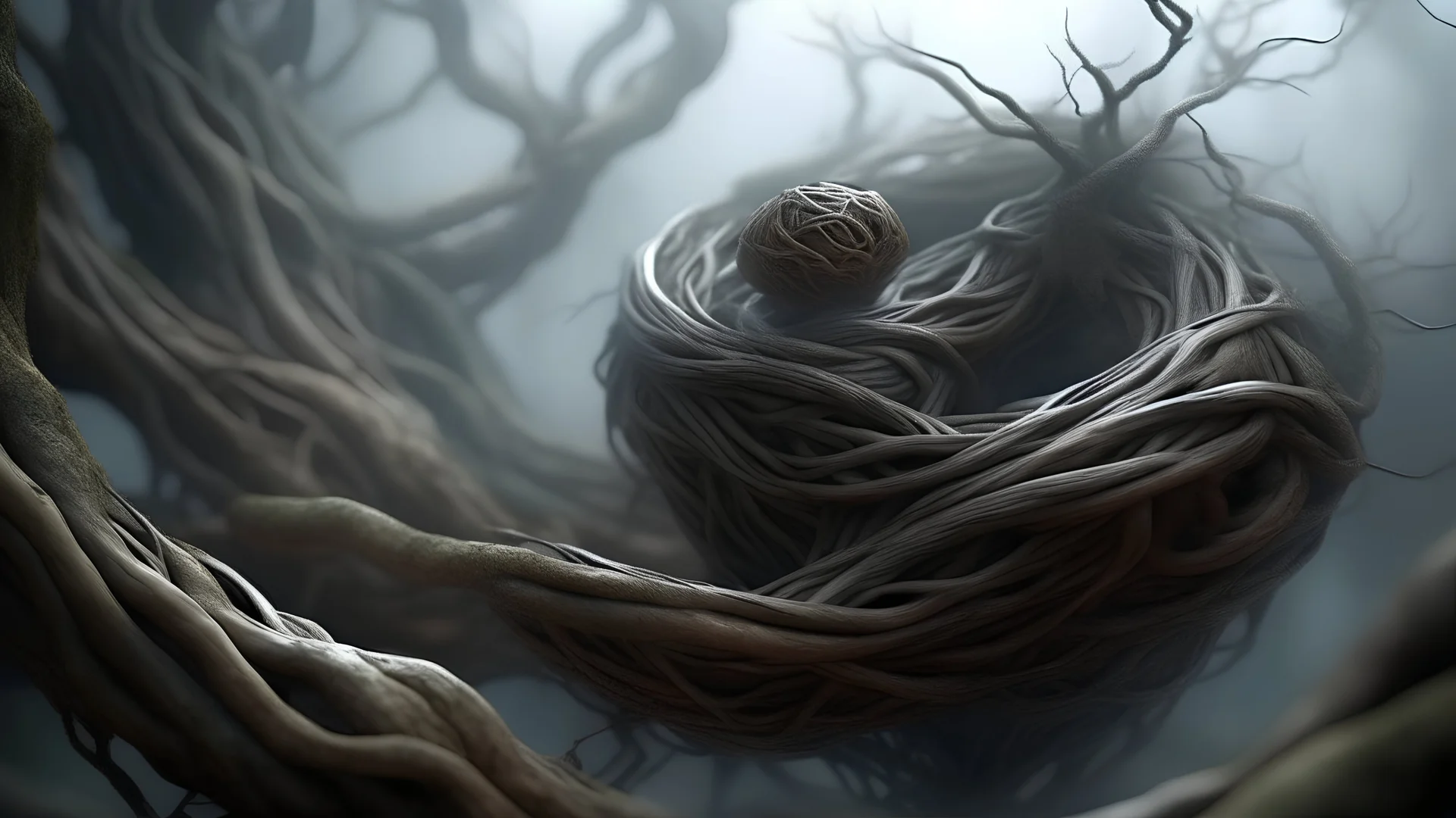 Multiple entanglements between a twisted thin piece of cloth as part of many twisted and spiraling branches disappearing into the distant mist, epic photo, sharp on highly detailed skin with wrinkles and high contrast, photorealistic, 4K, 3D, realism, hyperrealism, detail, good lighting, detailed texture, modern photography style, 3D, 4D, 4K --2:3