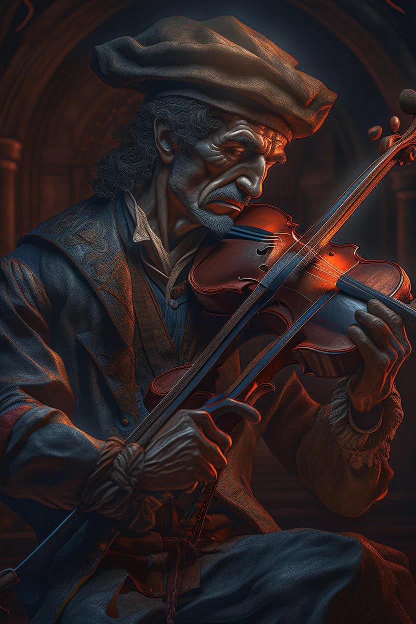 Bosch style Title: "gypsy violin player , insanely detailed octane render trending on artstation, 8k artistic photography, photorealistic concept art, soft natural volumetric cinematic perfect light, chiaroscuro, award-winning photograph, masterpiece, oil on canvas, Raphael, Caravaggio, Greg Rutkowski, people, beksinski, Giger