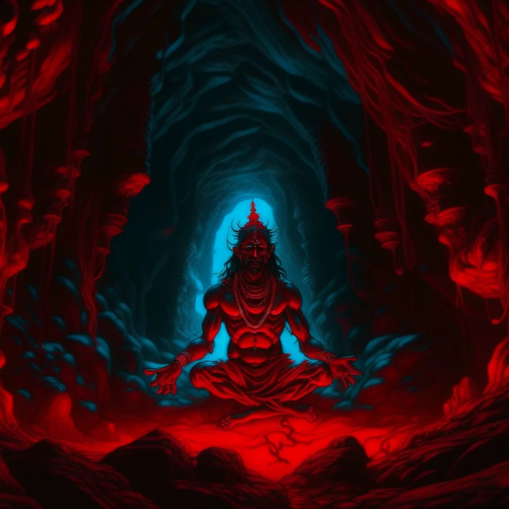 An painting of Hindu god YAMA in a cave, neon red colors, high detail, dark vibe