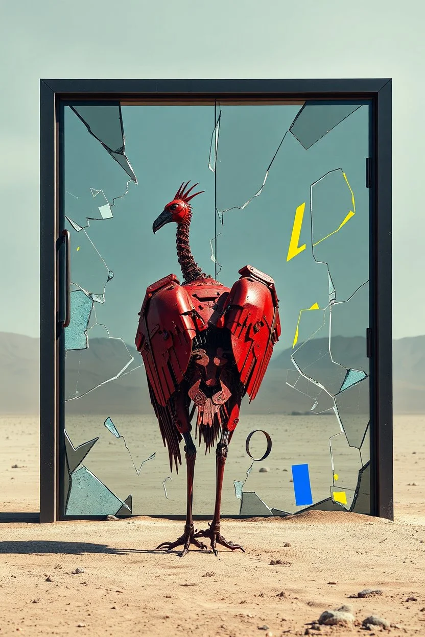 vibrant artwork featuring a red mechanical vulture made of scrap metal rearing against an arafed damaged glass door with frame standing in the middle of a desert, amazing reflections, amazing verticals, dramatic, dynamic, anxiety vibe, background is a blend of gray tones and random splinter glitch fragments in cobalt blue and yellow, creating an unnerving atmosphere