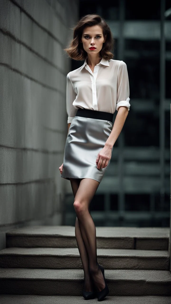 beautiful anorexic secretary, total shot, short silver satin skirt, nylons, semitransparent silver shirt, short brunette wavy bob hair, blurred concrete background