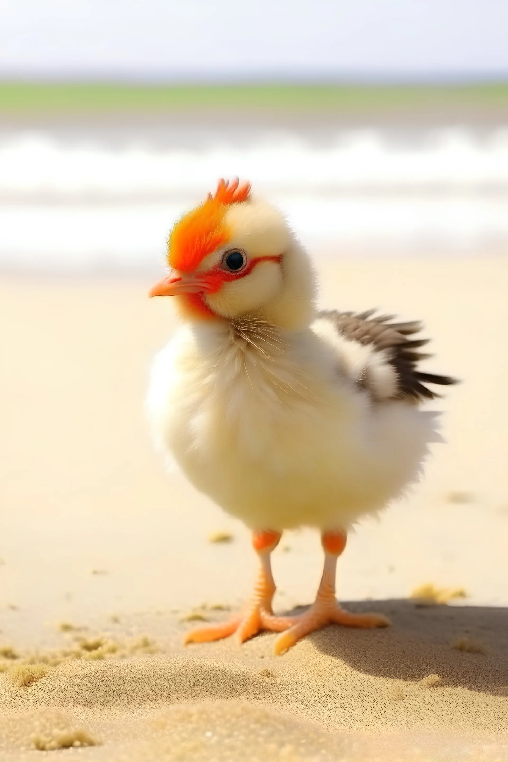 A picture of a cute little chicken on the beach.