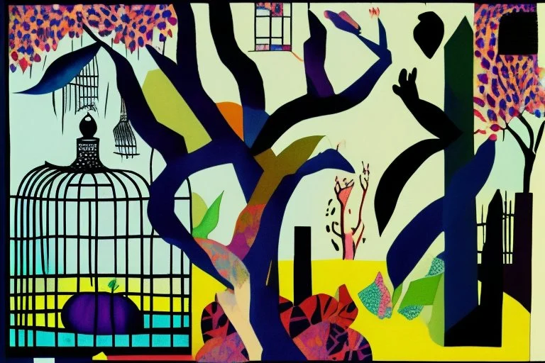 darkness reveals steal dirty cage inside is a garden of eden lit dimly in the style of Eileen Agar