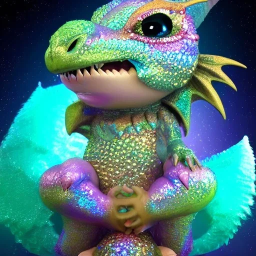 cute, adorable baby dragon made of crystals and gems, glittery scales, iridescent wings, round belly, luminous eyes, sitting on a cloud of cotton candy, muted rainbow colors, intricate, fine detail, 8k, sharp, crisp, high-quality, 3d octane render, brian froud, howard lyon, selina french, anna dittmann, lisa parker, greg rutowski, alphonse mucha