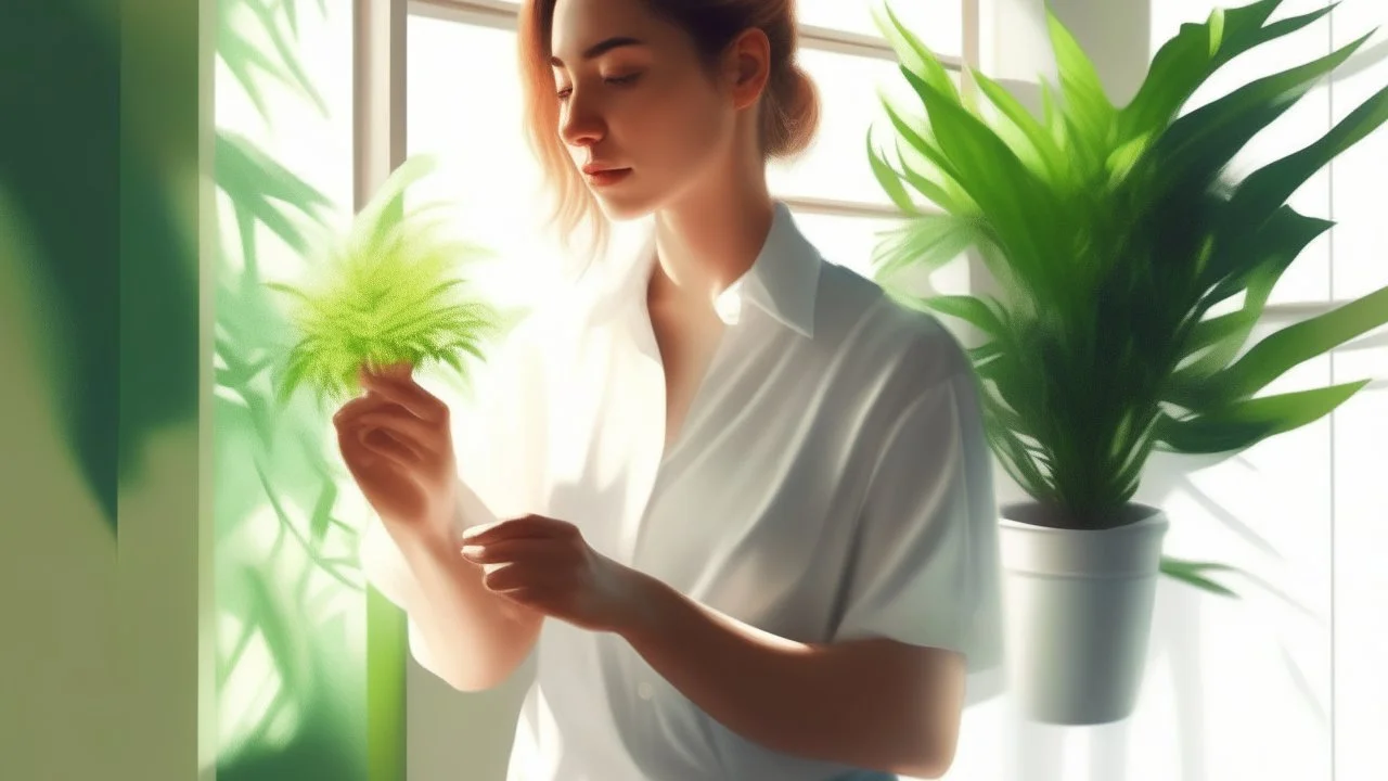 Woman holding a plant in the sunshine, interior, white shirt, instagram. digital painting. front. model.