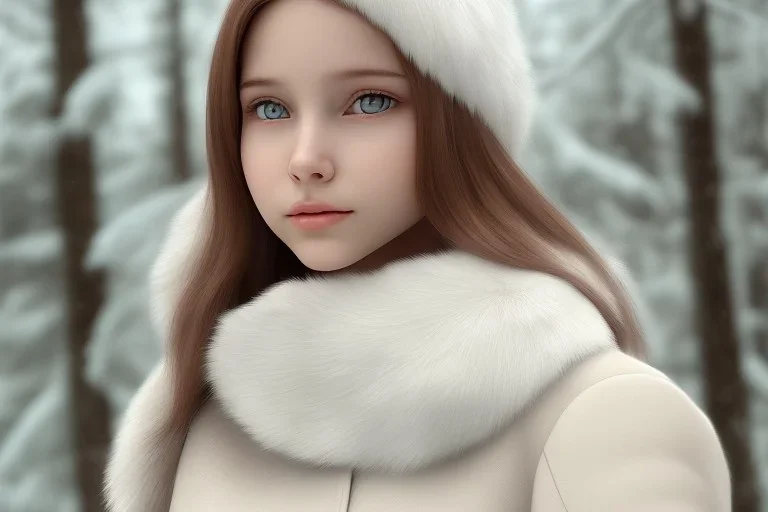 close-up portrait of beautiful young and cute 14 years old ukrainian girl, anime, adorable, au naturel, charming smile, shy, innocent, round face, detailed eyes, realistic shaded perfect face, fur leather jacket, winter forest, volumetric lighting, volumetric clouds, centered perspective camera view, global illumination, 8k, uhd, art by sam curry