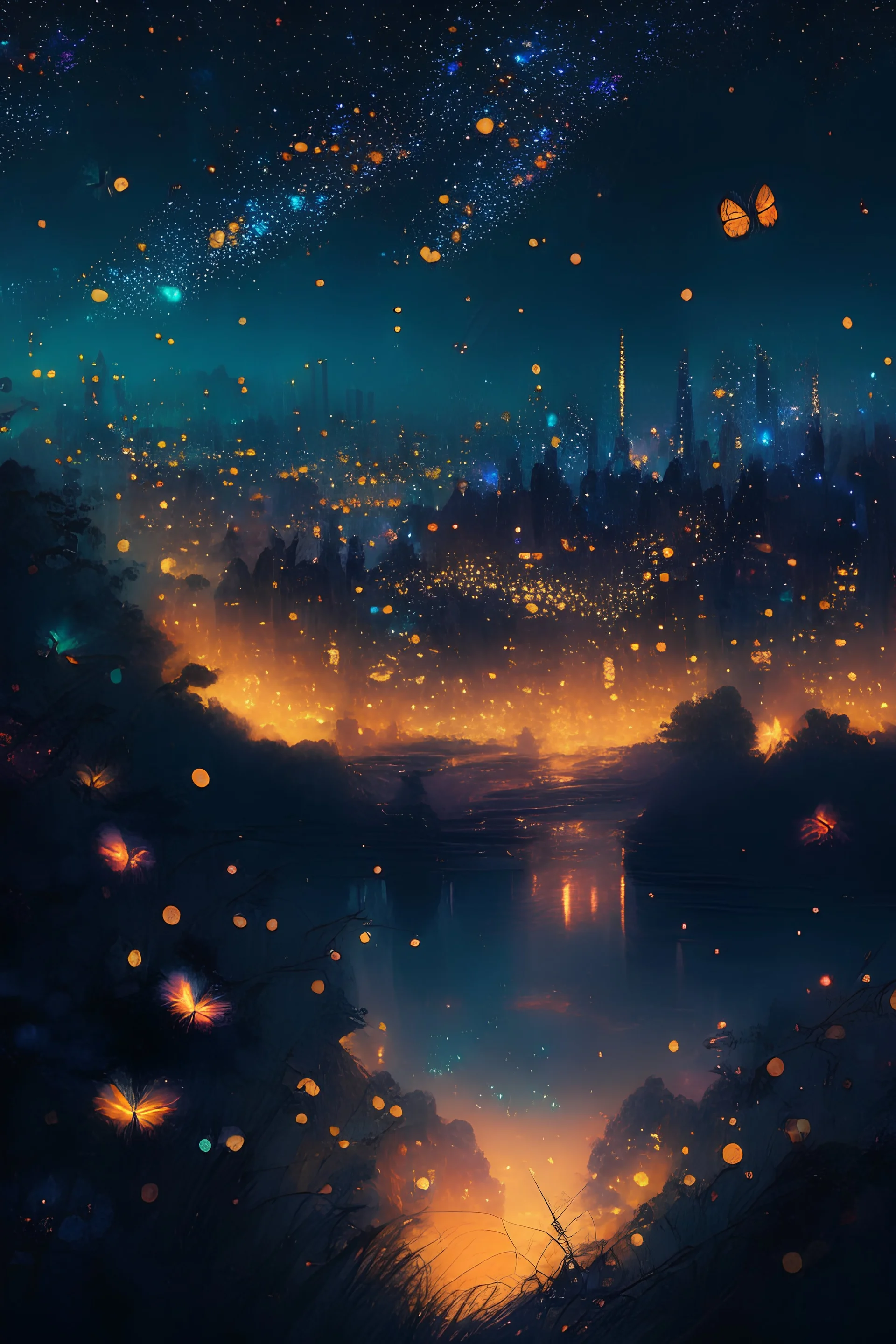 Imagine a majestic view of the "City of the Fireflies" with a vibrant, colorful landscape, where the fireflies sparkle and shine like stars in the night.