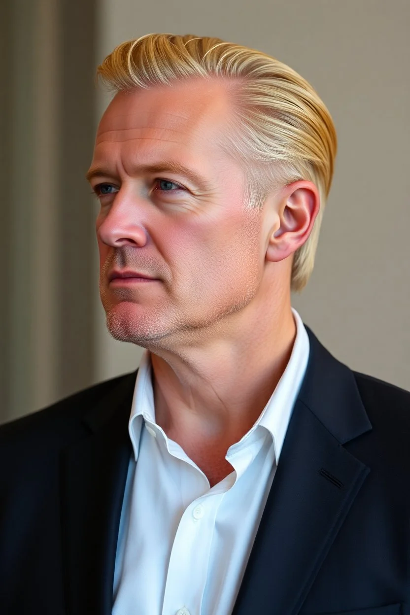 Middle aged man with blonde hair slicked back wearing a suite. photorealistic.4k