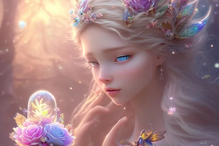 one very little beautiful fairy on a big crystal subtle flower in a galactic ambiance, transparent petals, delicate colors, in the foreground, full of details, smooth, bright sunshine，soft light atmosphere, light effect，vaporwave colorful, concept art, smooth, extremely sharp detail, finely tuned detail, ultra high definition, 8 k, unreal engine 5, ultra sharp focus