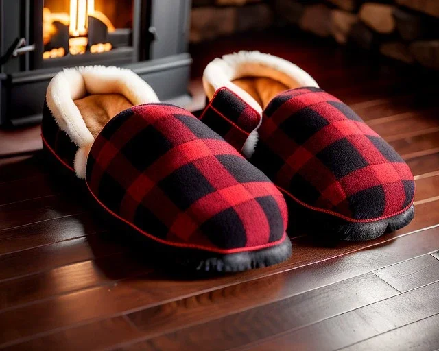 Red plaid slippers on black bearskin rug,log cabin walls, stone fireplace