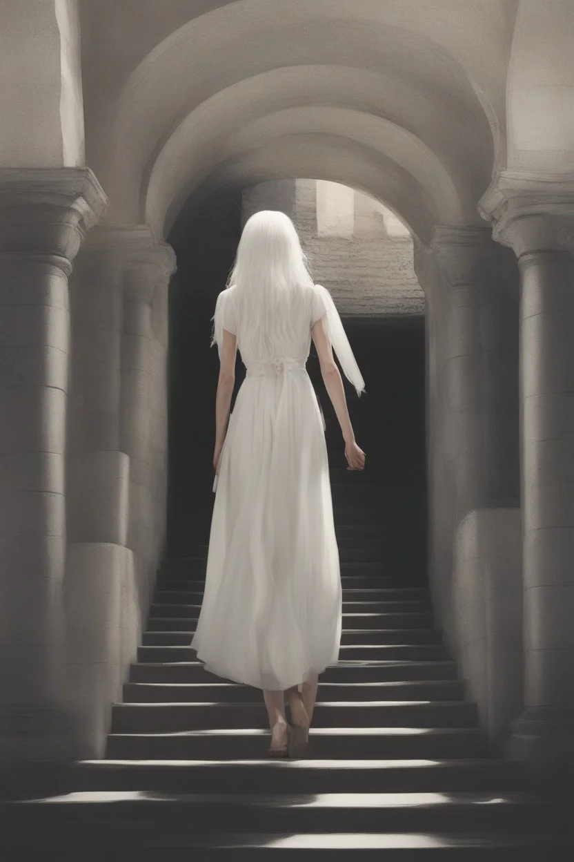 Woman with white hair wearing a white dress, walking down a sunlit stone hall, AND a handsome man in the background lurking in the shadows with long black hair