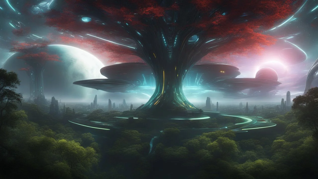 hyper realistic, tron legacy movie, aliens creatures, space ships of the future, city of the future, green nad dark red trees , forest, yellow, blue, purple, orange, space, planets, god creations