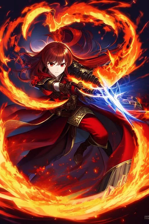 full body picture of a princess with brown waist length hair, fire powers in hands, magic, fantasy, spell, dark, wearing black and red fantasy armor, evil, red eyes, smirk, confident, arrogant, cocky, Unreal Engine, anime, high resolution, hi res, detailed, intricate, fighting