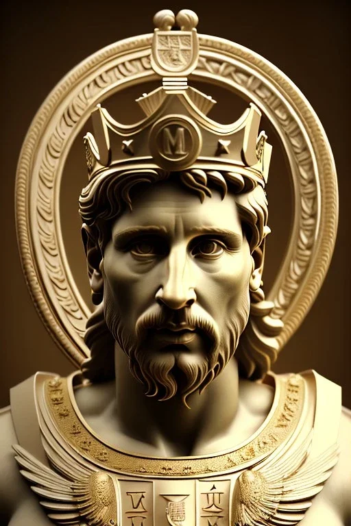 Ultra Realistic image, Roman sculpture, clean white marble material, Lionel Messi, gold Laurel leaves wreath, god crown, renaissance ornaments, one gold star in heart, sun ornament, sun rays background, chisel style, waist up portrait, emperor style, epic, celestial, cinematic lighting, God light, god rays, 4k resolution, smooth details, ornate details, soft lighting, unreal engine 5, art station, substance 3d.