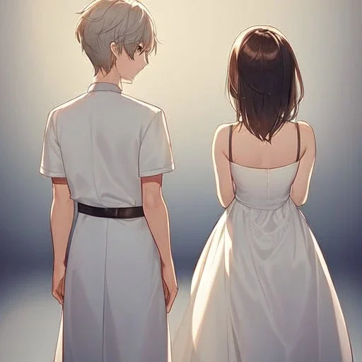 anime couple , couple is standing back to back, white dress on female, background is in balck n white while rest of image is in color