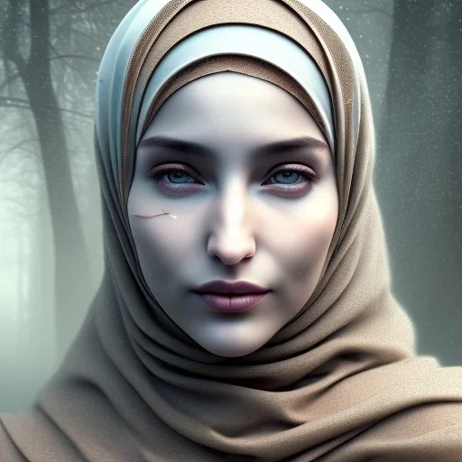 close up portrait of fog as woman in hijab, fine detail, highly intricate, modern surrealism painting, defined cracks and breaks, high-quality, volumetric lighting, 8k, ultrahd, George Grie, Marco Escobedo, Igor Morski,Brian Froud, Howard Lyon, Selina French,