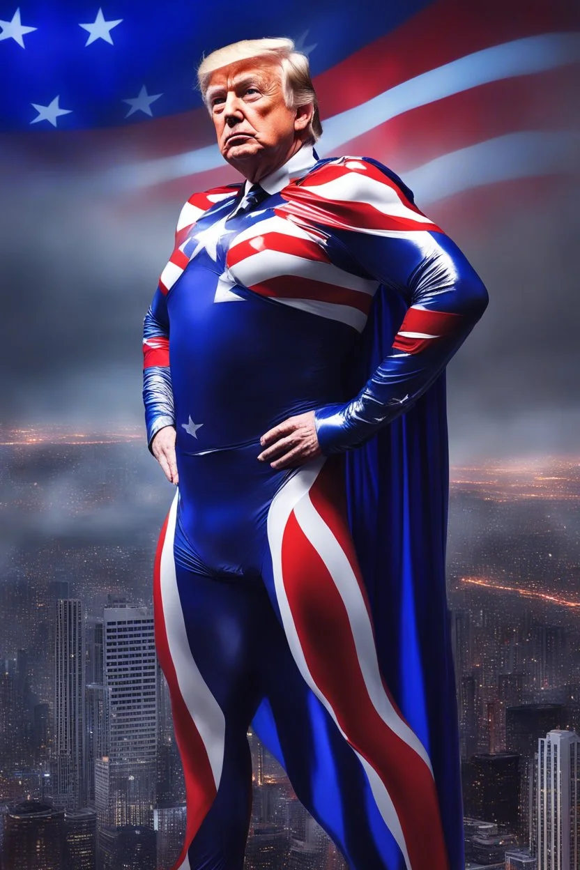 Donald Trump as 'Maga Man,' Extremely Muscular, Skintight, formfitting cobalt bodysuit, US Flag cape, silver boots, Multicolored vortex, multicolored lightning, neon lit futuristic cityscape, mist, fog, speed, extremely overexaggerated musculature, "MAGA MAN"