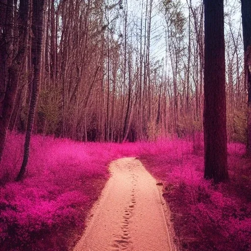 petit chemin de sable dans la foret, arbres roses, aurore boréale