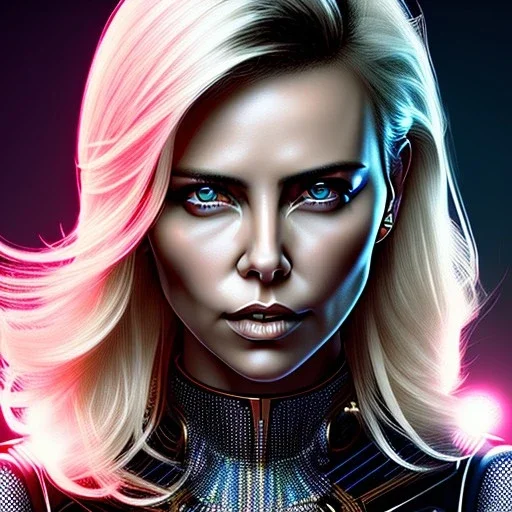 Charlize Theron, Cyborg anime samurai, cyberpunk, white skin, light blonde hair, pixie hair, cobalt eyes, waist up portrait, 8k resolution, retroanime, intricate details, neon details, soft lighting, vibrant colors, masterpiece, intricate eyeliner, dark eyeshadow, eyes, intricate tattoos, gradient background