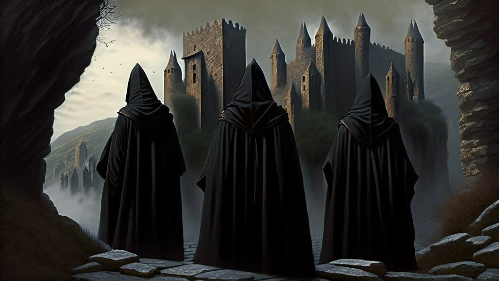 black robe hooded monks in the stone castle