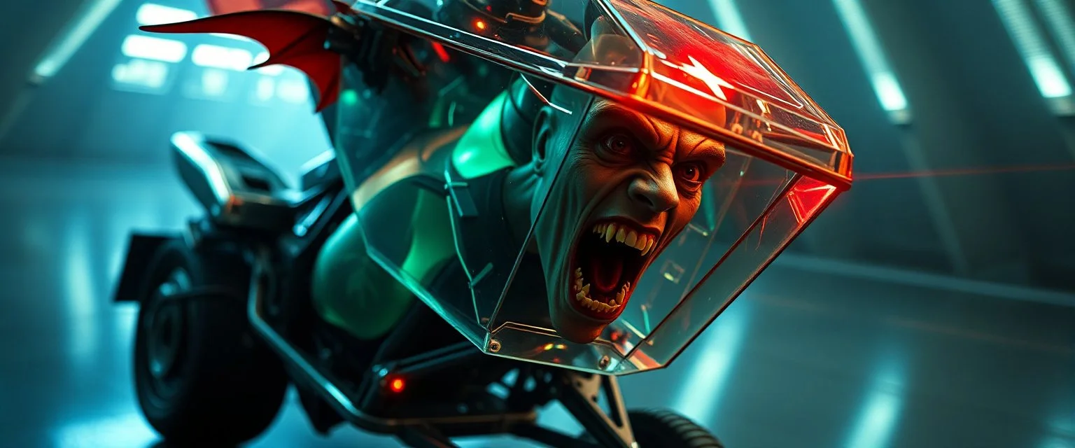 close up on weird out expression of vampire suspended inside laid back futuristic sci-fi glass human form chopper vampire coffin standing upright on wheels shooting lazers in all directions