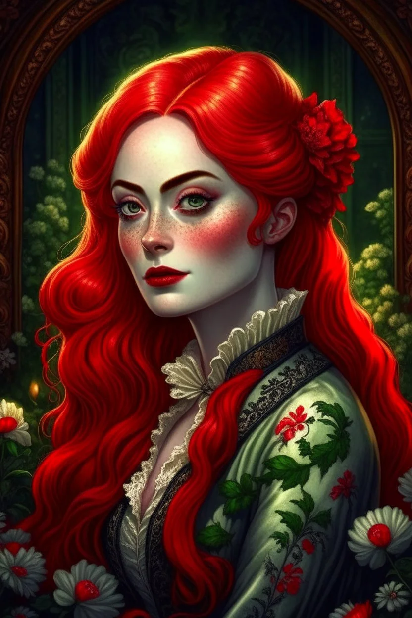 Somatou Style, European Features, Nanette Fluhr, Gustave courbet style , Lindsay Lohan red hair teenager, Digital art anime, the scene is depicted in a realistic style, Portrait, with a somber sort of elegance, Victorian-inspired illustrations, elegant lines and shading, Floral accents, Regal background, Dark fantasy art , Supernatural Mystery