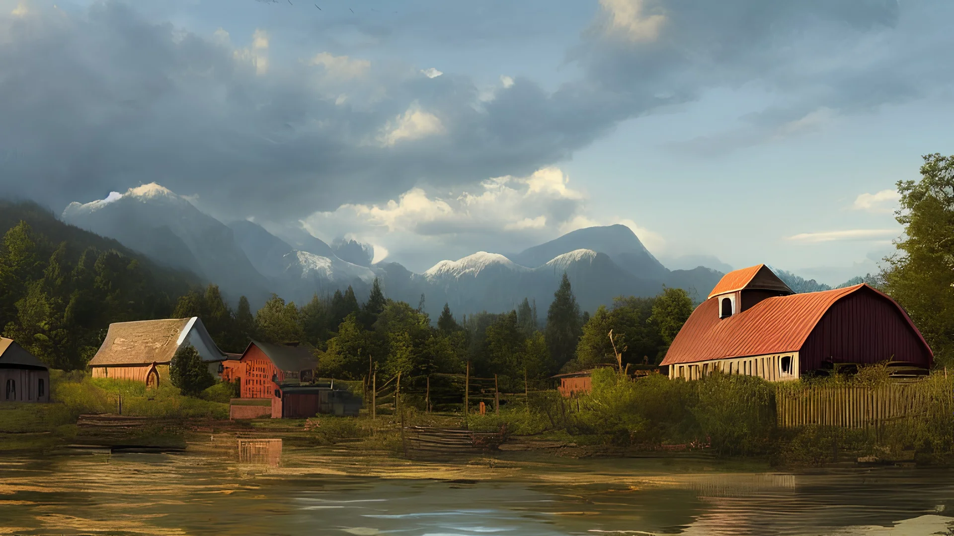 Looking across a torrential dangerous river to a village of new wooden houses, circular wooden church, and farm buildings, and mountains in the far distance, highly detailed, realistic, sunshine, RTX