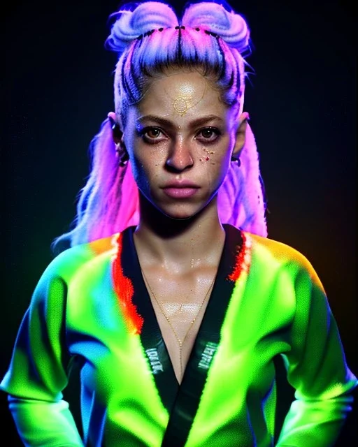 portrait, Shakira, blonde artist, angry, Realistic image, MMA robe, hoodie, mma gloves, fight pose, make-up make-up, gold line make-up, sweat, fog, goddess style, Neon colors, leds. Black background, photo studio, concept art, smooth, unreal engine 5, god lights, ray tracing, RTX, lumen lighting, ultra detail, volumetric lighting, 3d, finely drawn, high definition, 4k.