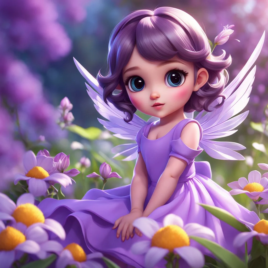 A little girl, with wings, adorable, big beautiful eyes, in a lilac dress, in lilac flowers, cartoon, chibi, close-up, bright colours, digital graphics, fantasy, unreal engine, blender art by artgerm, perfect composition, octane rendering, masterpiece, sharp focus, high detail, art station, concept art, perfect composition, a model of ultra-high quality and clarity, perfect play of light and shadow, 32k UHD, hyper-detailing, complex artistic maste