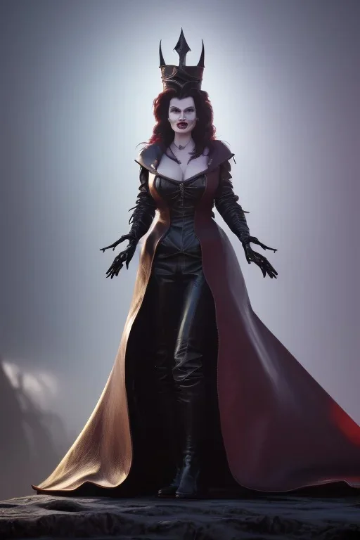 Geena Davis as evil queen in black leather, leather, busty, cleavage, angry, rage, stern look. character design by cory loftis, fenghua zhong, ryohei hase, ismail inceoglu and ruan jia. unreal engine 5, artistic lighting, highly detailed, photorealistic, fantasy