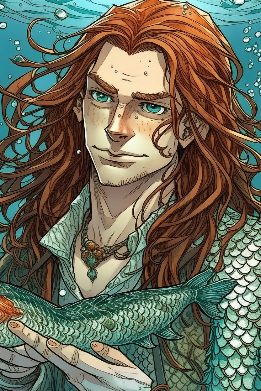 wet pirate nereid male with fish scale skin and seaweed highlights in long auburn hair