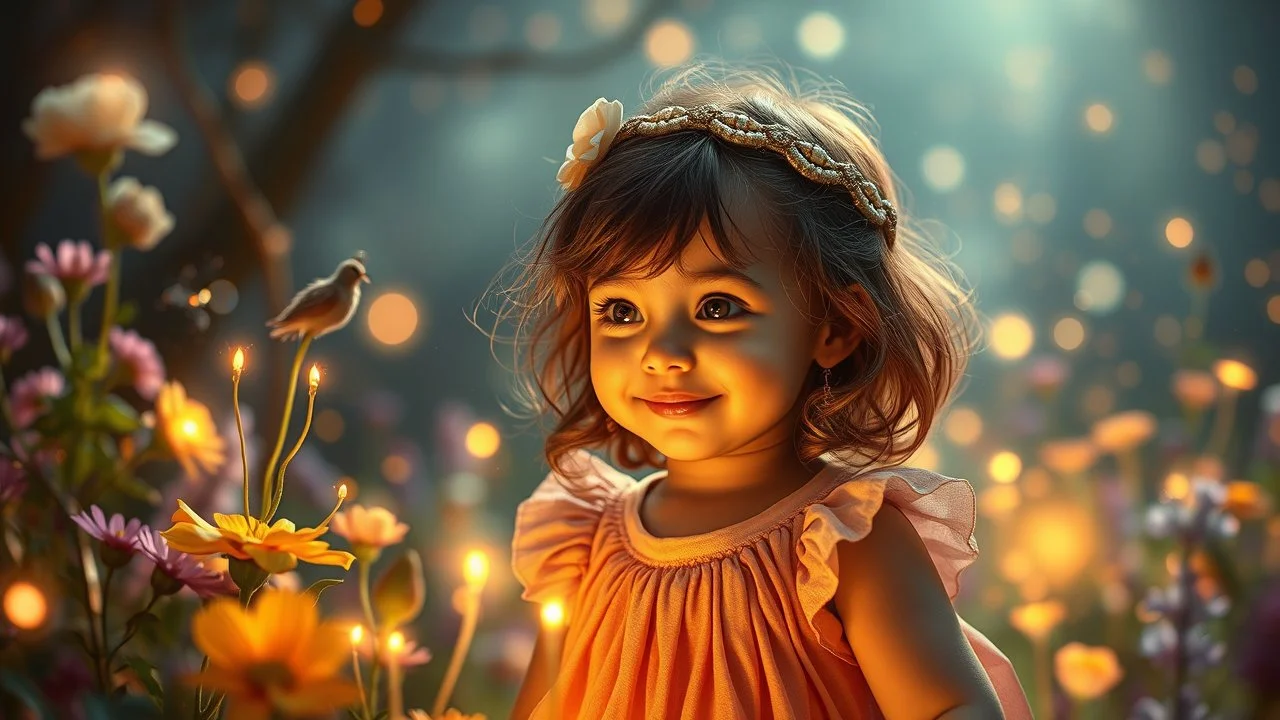 Une douce belle heureux petite enfant erre dans son monde enchanté, Parmi les merveilles, elle adore explorer. Nuit enchantée, fleurs magiques, arcs-en-ciel de lumière, lucioles dansantes, fées lumineuses. Ses rêves sont vastes, pleins de beauté, Chaque instant est un nouveau bonheur. Dans son univers, tout est merveilleux, Un monde imaginaire, tendre et lumineux. Bel éclairage, composition attrayante, photoréaliste, extrêmement détaillée, clair-obscur, règle des tiers. Photograph.